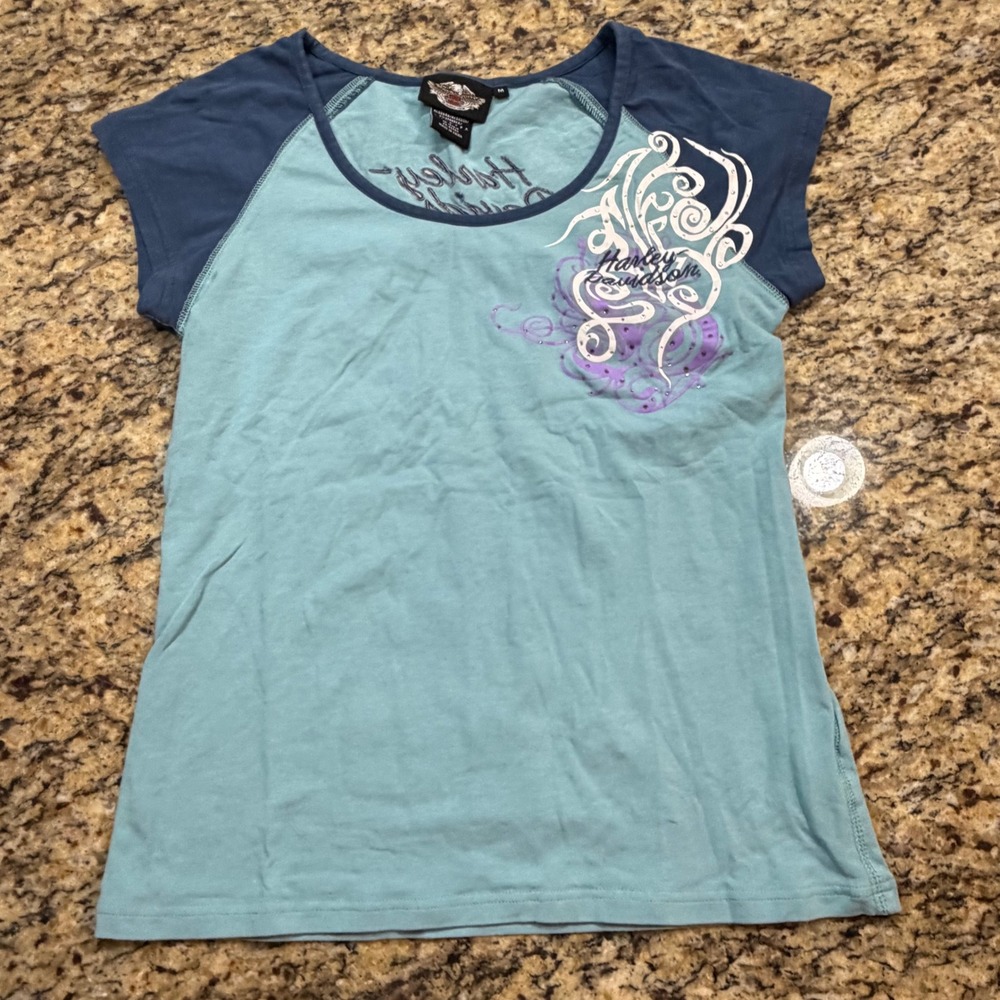 Harley-Davidson Womens Turquoise Raglan Rhinestone Graphic T-Shirt Medium ws